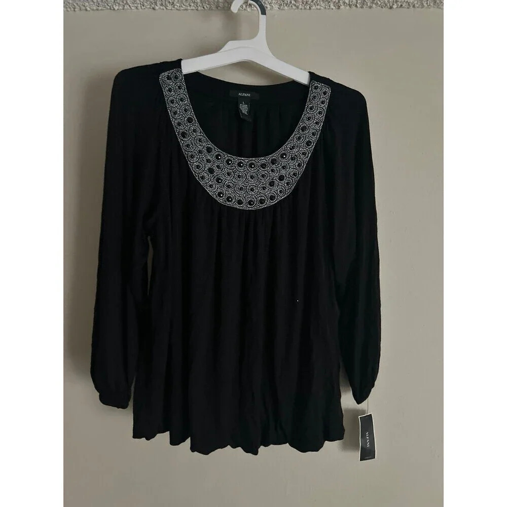 Alfani Beaded Embellishment Neckline Top black Size L